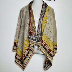 Freeway Beige Cardigan with Yellow, Red and Black Patterned Trim